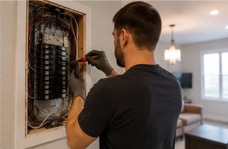 A technician working carefully inside an open residential electrical panel with a multimeter