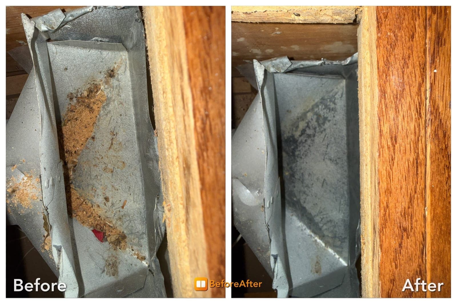 Before and after cleaning of a duct boot filled with sawdust and construction debris on the left, cleaned down to bare galvanized metal on the right