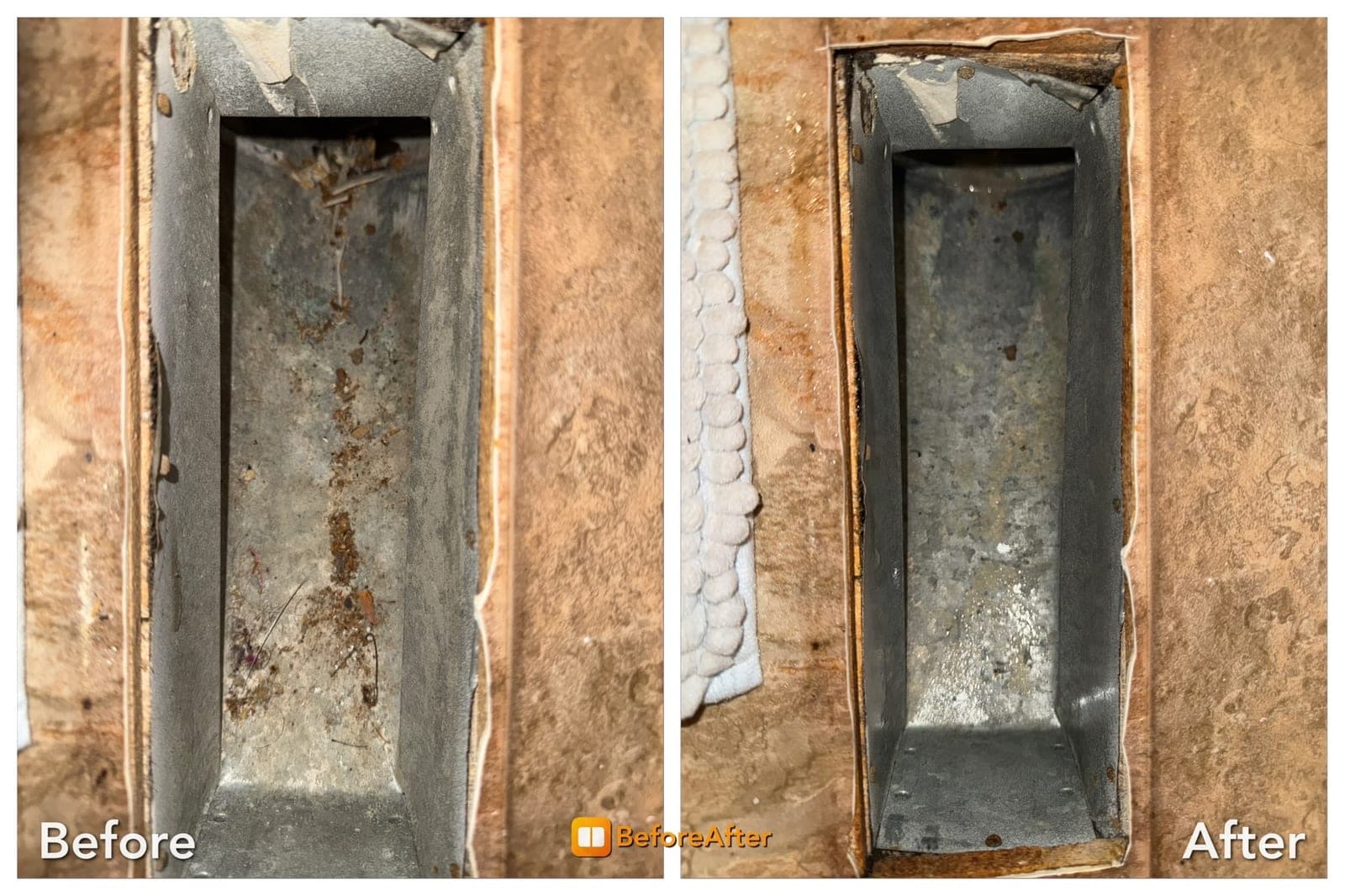 Before and after cleaning of a rectangular floor register duct boot containing dirt and debris on the left, and the same boot cleaned on the right