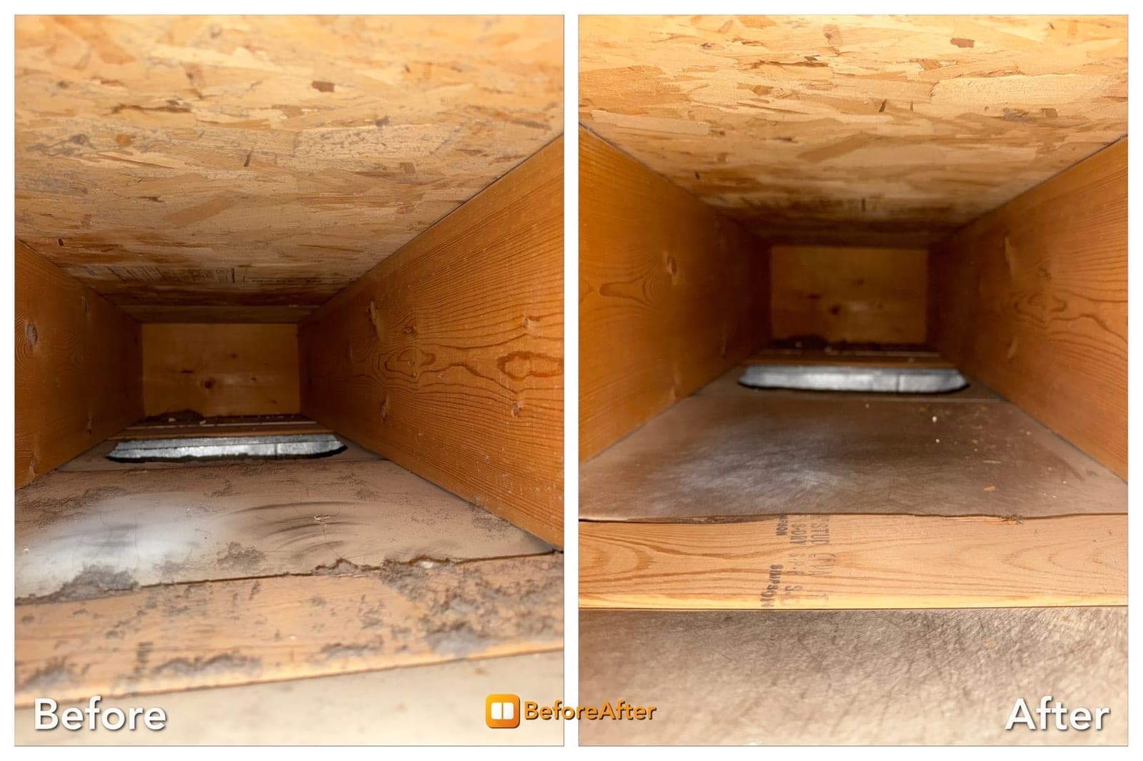Before and after view down a joist-panned duct run in a Winnipeg home: dust coating the wood surfaces and floor register boot on the left, the same run visibly cleaner on the right