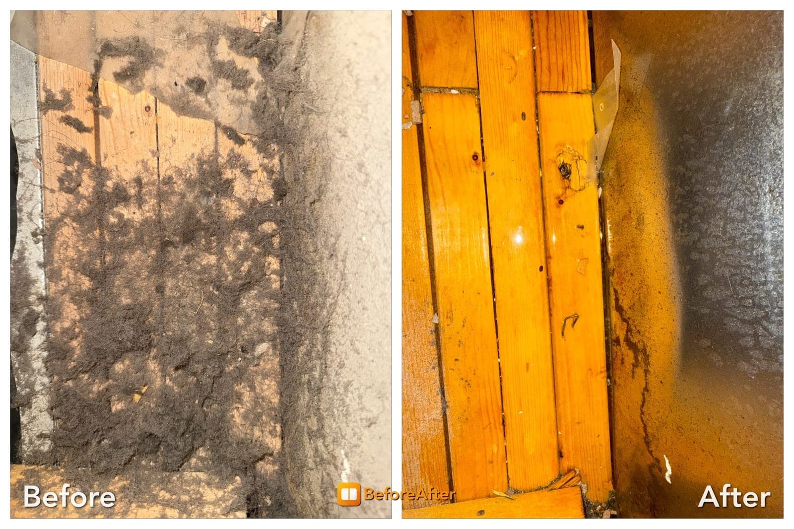 Before and after air duct cleaning in a Winnipeg home: a joist-panned return duct thick with grey dust and lint on the left, the same duct clean with bare wood and metal visible on the right