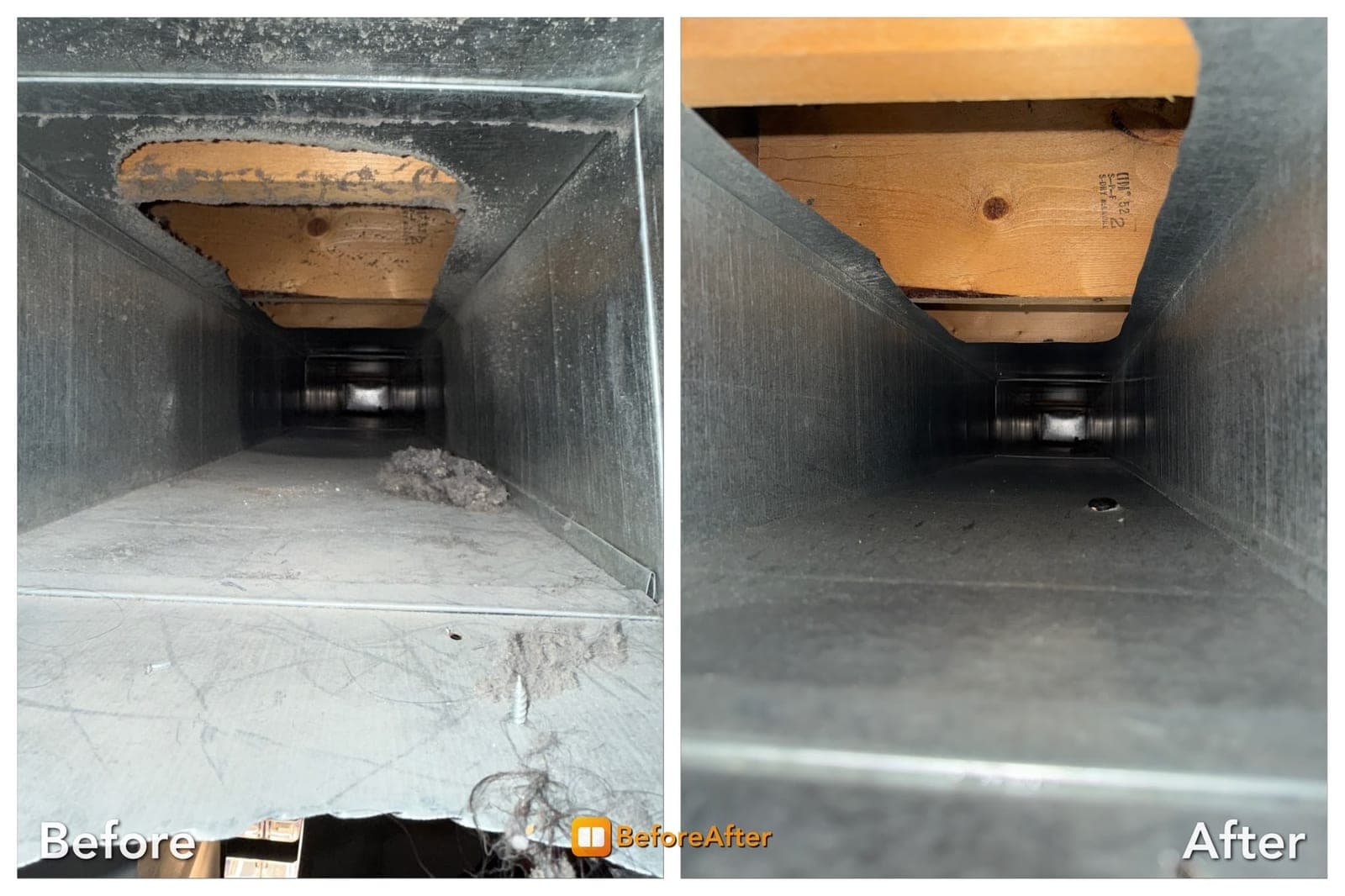 Before and after duct cleaning showing a large rectangular trunk duct with a pile of dust and tangled hair on the left, and the same trunk duct clear and clean on the right