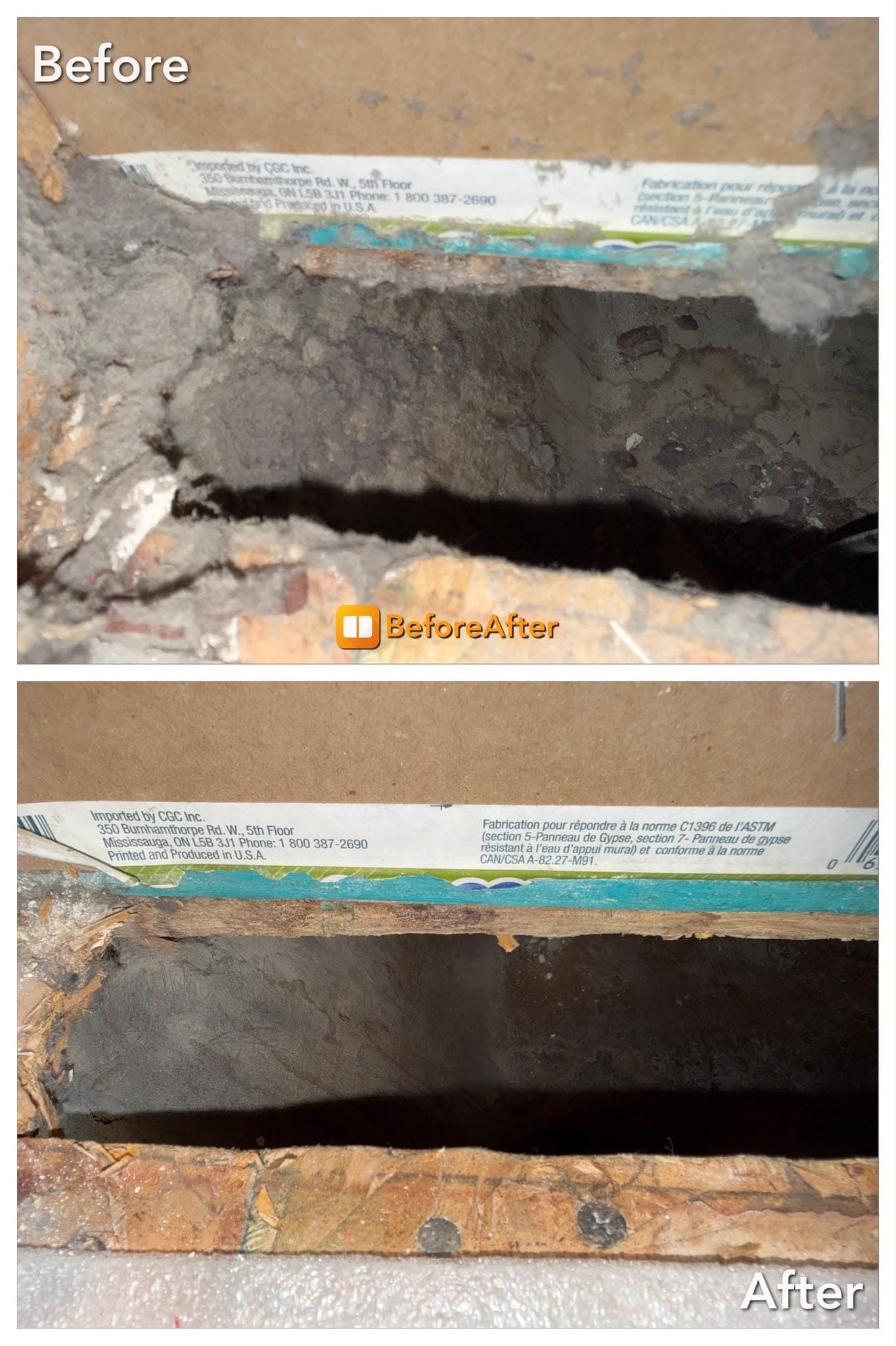 Before and after cleaning of a duct boot built into a wall stud cavity: thick grey dust packed solid across the opening on top, the same cavity cleared back to bare metal and framing below