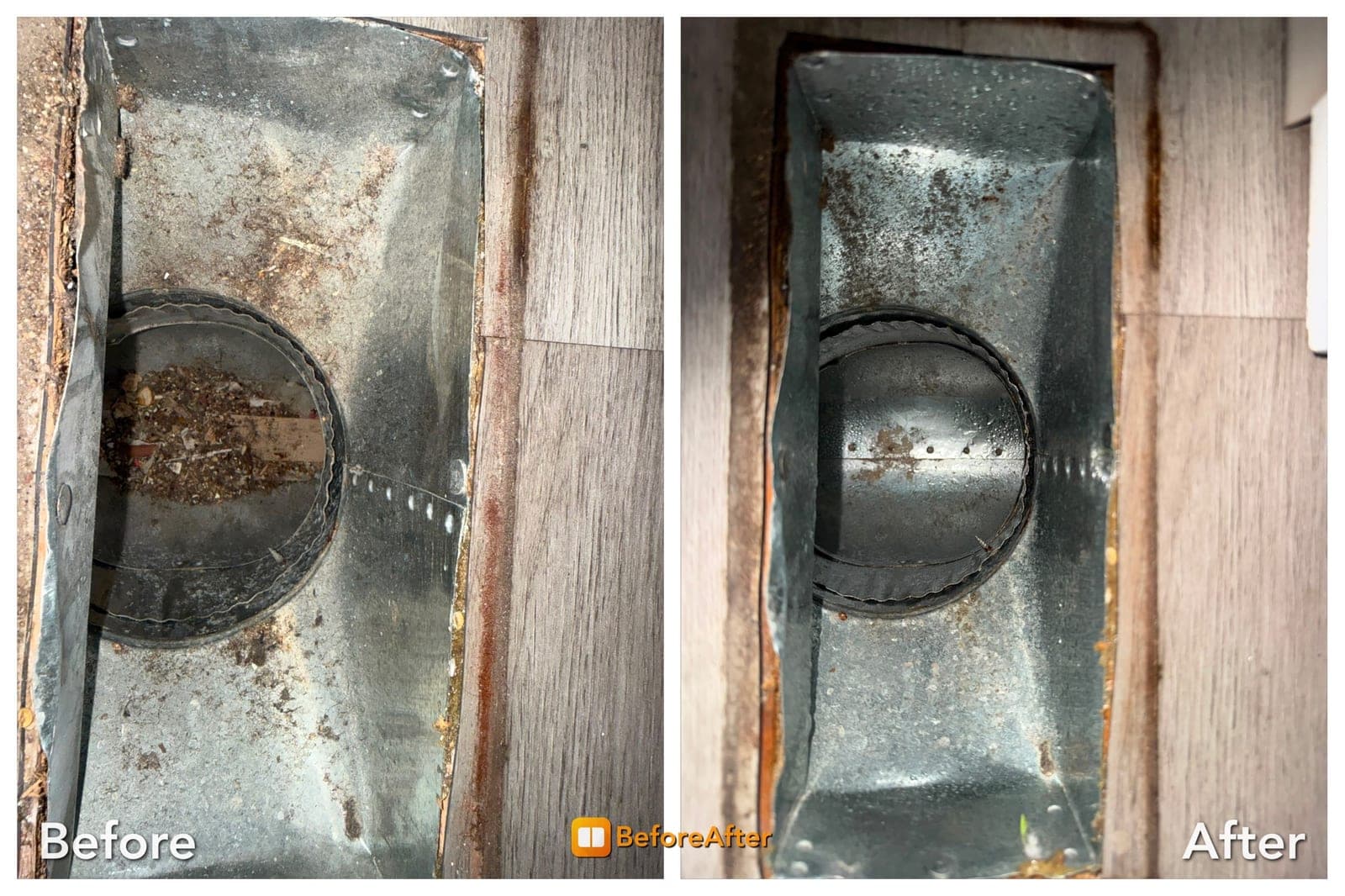 Before and after cleaning of a rectangular-to-round vent transition box: the round opening packed with loose debris on the left, the same box and pipe cleared out on the right